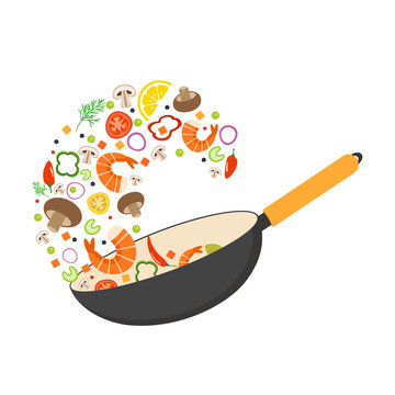 Wok pan, tomato, paprika, pepper, mushroom, shrimp. Asian food. Flying vegetables with seafood. Flat vector illustration.