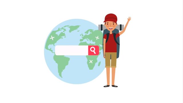 tourist man with backpack and world searching web animation