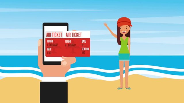 tourist woman in seashore and hand cellphone air ticket animation