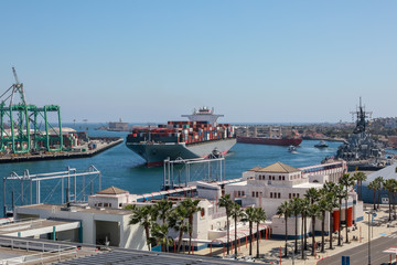 Worldwide Supply Chain, A Container Ship Entering the San Pedro Harbor, Los Angeles, Long Beach, California - obrazy, fototapety, plakaty