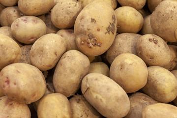 Pile of fresh organic potatoes top view close up.