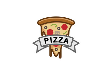 Delicious Pizza Slice Ribbon Symbol Logo Design Illustration