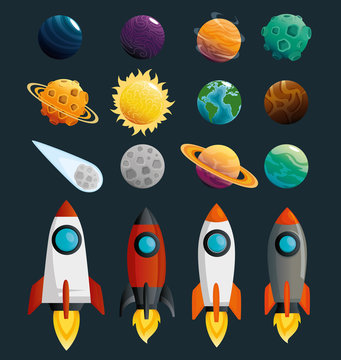 planets and rockets of the solar system scene