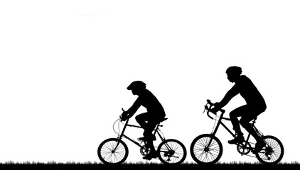 silhouette couple ride bike on white background