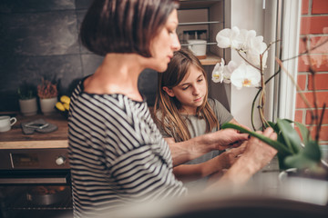 Mother and daughter checking orchid on the window