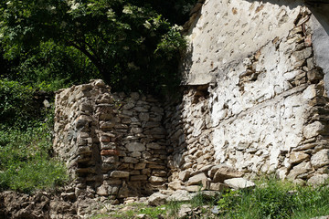 Old stone wall with wild herbs growing out of them