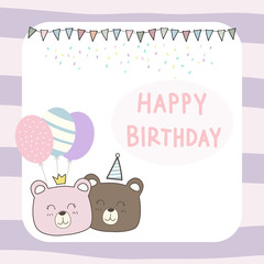 Cute adorable teddy bear faces with balloons Happy Birthday celebration card frame wallpaper