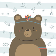 Cute adorable brown teddy bear boho tribal cartoon doodle