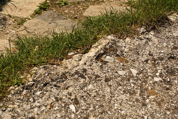 Old rock wth grass growing in a patches