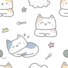 Cute adorable pastel cat kitten cartoon doodle seamless pattern background wallpaper