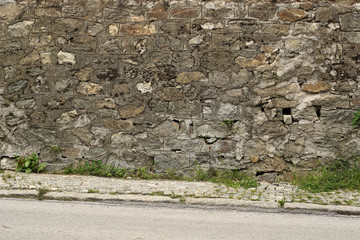 Old stone wall with wild herbs growing out of them