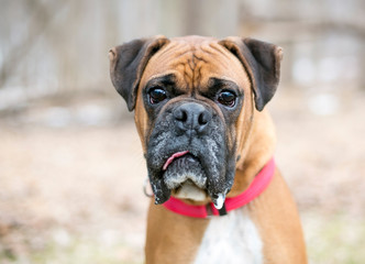 A purebred Boxer dog with a comical expression on its face
