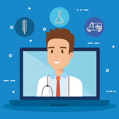 laptop with doctor character and telemedicine icons vector illustration design