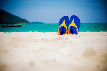Summer vacation concept with accessories on sandy beach