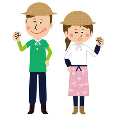 ポップな農家の男女がガッツポーズ