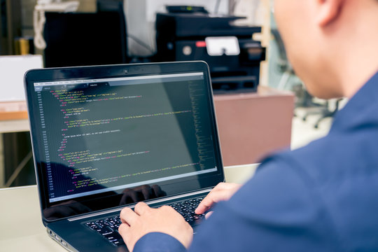 Developing programming and coding technologies on desk white blurry screen, Website design, Programmer working in a software develop company office,Data processing center, Server room