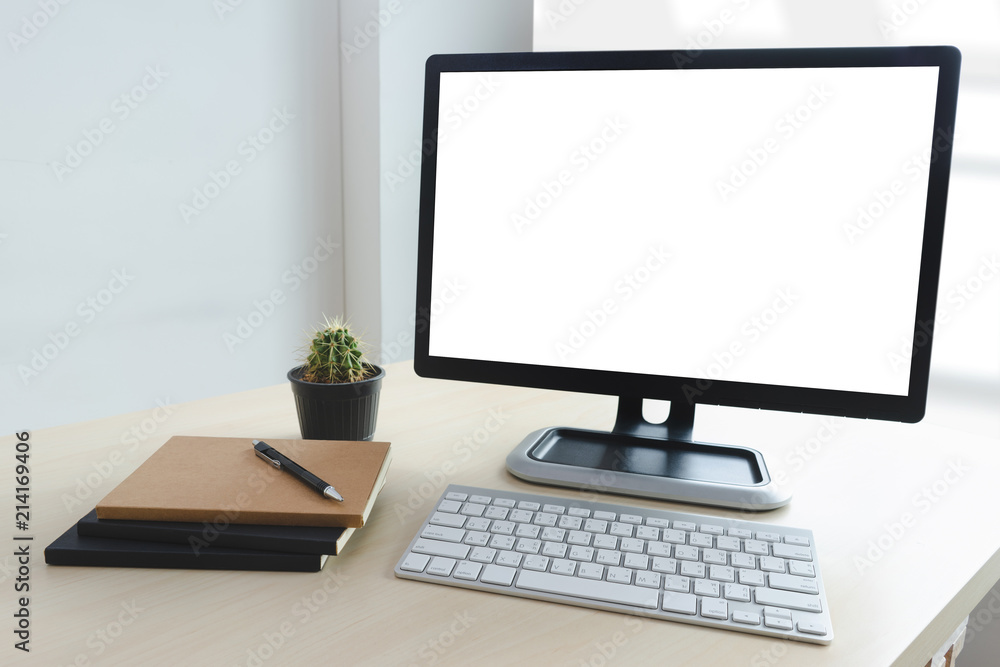 Poster laptop with blank screen on table. workspace background new project on laptop computer with blank co