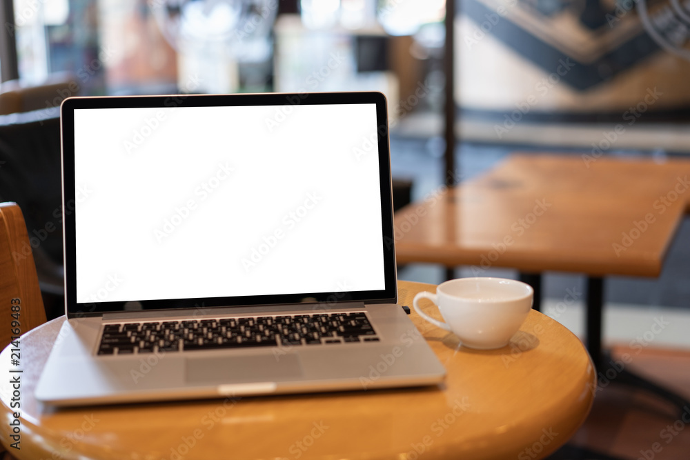 Poster laptop with blank screen on table. workspace background new project on laptop computer with blank co
