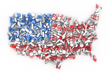 Fototapeta na wymiar Pills and medication in the shape of the United States of America