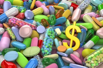Collection of colorful pills with dollar sign