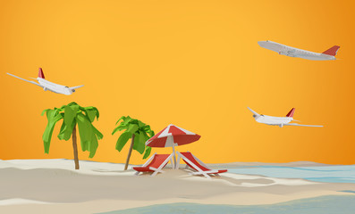 lounge and umbrella on sand beach island and airplanes 3d-illustration