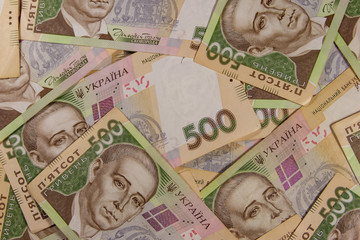 Ukrainian currency. Background of five hundred hryvnia banknotes