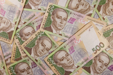 Ukrainian currency. Background of five hundred hryvnia banknotes