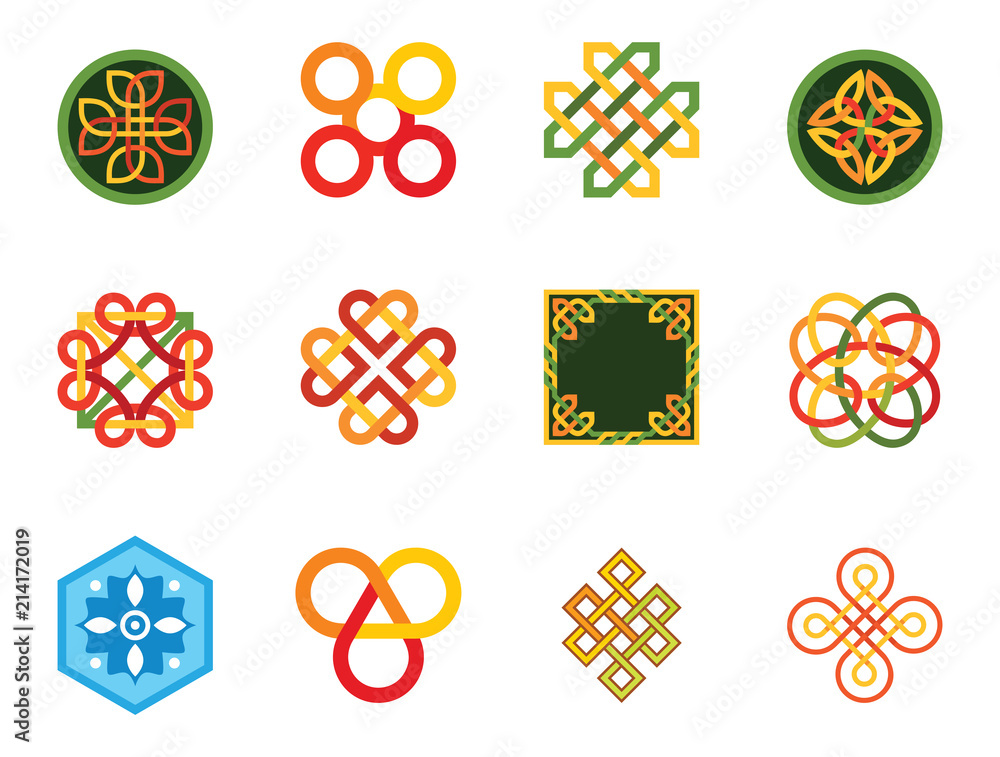 Poster pattern icon set. hexagon pattern infinite knot traditional knot chinese amulet round pattern creati