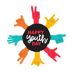 Happy Youth Day greeting card of diversity hands