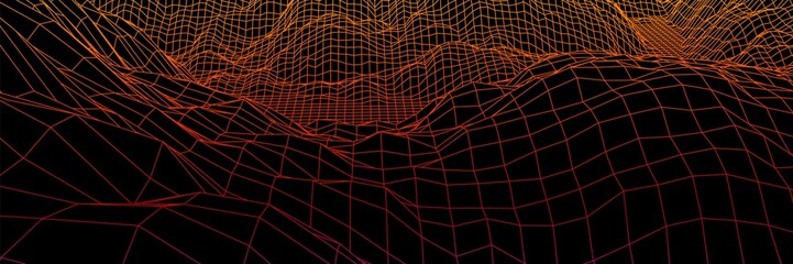 Digital landscape with mountains or hills made of line grid