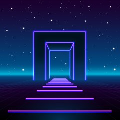 Neon 80s styled massive gate in retro game landscape with shiny road to the future