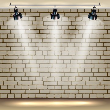 Spotlights realistic brick background for show contest or interview. Vector illustration
