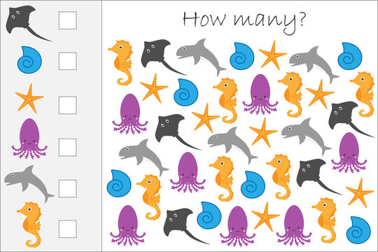 How many counting game with ocean animals for kids, educational maths task for the development of logical thinking, preschool worksheet activity, count  and write the result, vector illustration