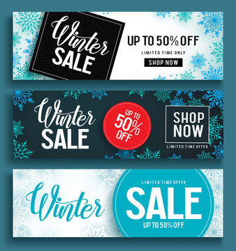 Winter sale vector banner set with sale text and snow background template in different colors for winter season discount promotion. Vector illustration.
