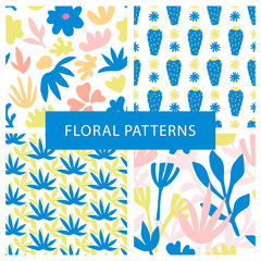 Fototapeta na wymiar Set of hand drawn colorful floral seamless repeat patterns