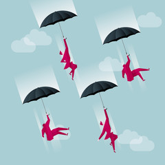 Business concept design, businessman landing using umbrella.The background is blue.