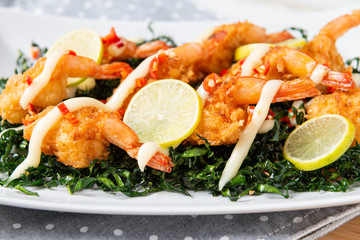 Fried Shrimp with Lime Cream Sauce and deep fried kale