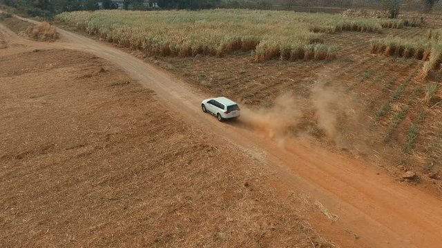aerial veiw of suv car driving on dirt road