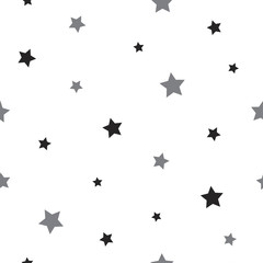 Seamless abstract pattern with little sharp black and grey stars on white background. Vector illustration.