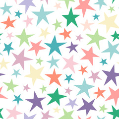 Seamless abstract pattern with bright colorful hand drawn shabby stars of different size on white