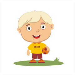 Vector illustration: little boy with football  ball is standing on lawn in cartoon style.