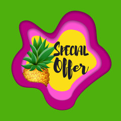 Paper cut layout SPECIAL OFFER Sale concept with realistic PINEAPPLE fruit.