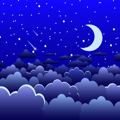 Fototapeta premium Night sky with clouds and stars, and moon crescent, landscape dark blue, vector