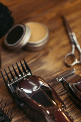 selective focus of set of barber tools, close-up view