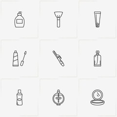 Women Cosmetics line icon set with cream tube, liquid soap and mascara for eyes
