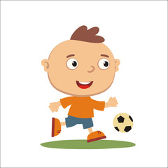 Vector illustration: little boy playing soccer running for the ball.
