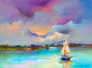 Colorful oil painting on canvas texture. Impressionism image of seascape paintings with sunlight background. Modern art oil paintings with boat, sail on sea. Abstract contemporary art for background - obrazy, fototapety, plakaty