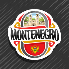 Vector logo for Montenegro, fridge magnet with montenegrin flag, original brush typeface for word montenegro, national montenegrin symbol - Cathedral of Saint Tryphon in Kotor on mountains background.