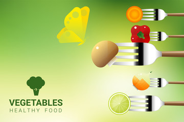 Vegetables on forks isolated on natural background , healthy food concept , vector , illustration