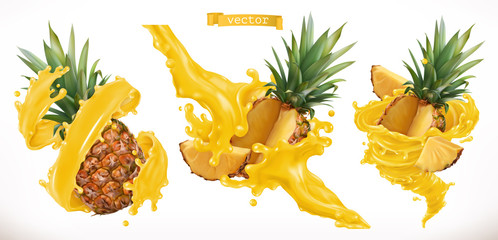 Pineapple juice. Fresh fruit 3d realistic vector icon - obrazy, fototapety, plakaty